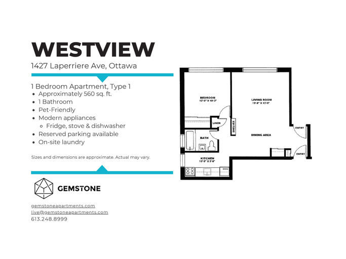Spacious & Bright 1 bedroom in Great Location! | 1474 Coldrey Avenue, Ottawa | 3089555
