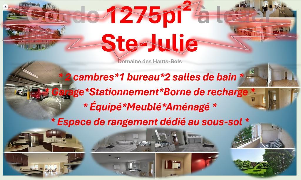 Condo 1275pi² à Ste-Julie : électroménagers, meubles, Borne de recharge, 2 cambres, 1 bureau, 2 salles de bain, cuisine, salle à manger et espace de s | 3145692