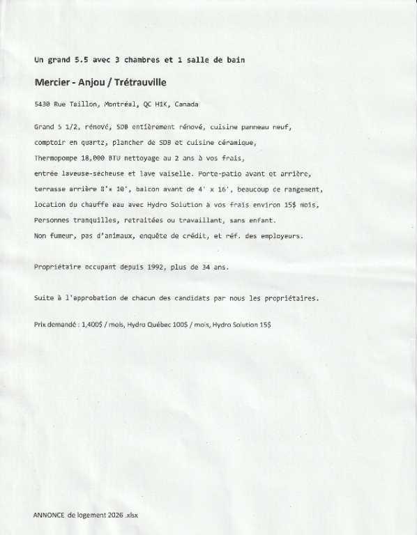 Logement rénovés 5 1/2 à louer 3 chambres fermés | 3188842