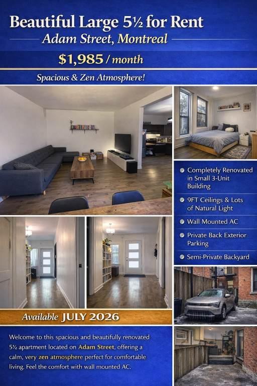 Magnifique grand 5 pièces à louer – Rue Adam à Montréal | 1 985 $/mois | 3229954