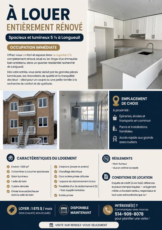 Grand 5 ½ entièrement rénové à Longueuil – Disponible maintenant! | 3292738
