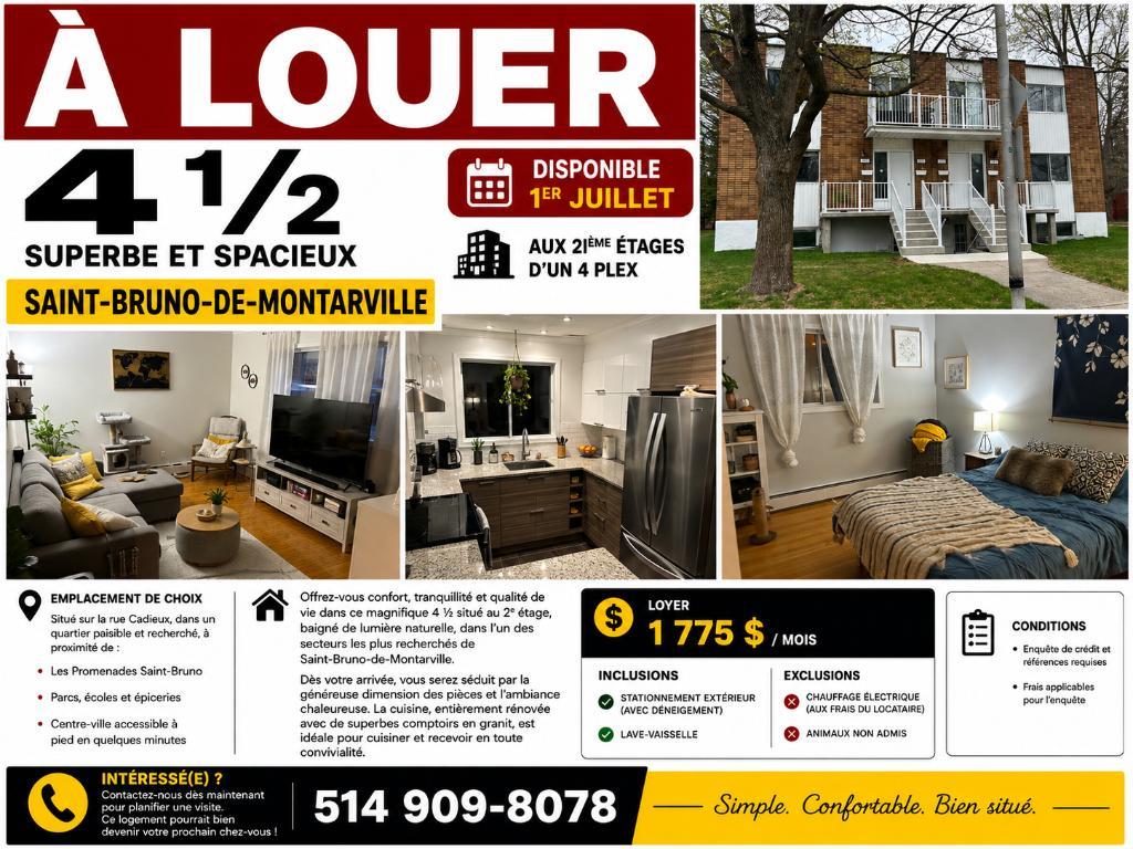 Superbe 4 ½ à louer – Saint-Bruno de montarville à louer | 3292739
