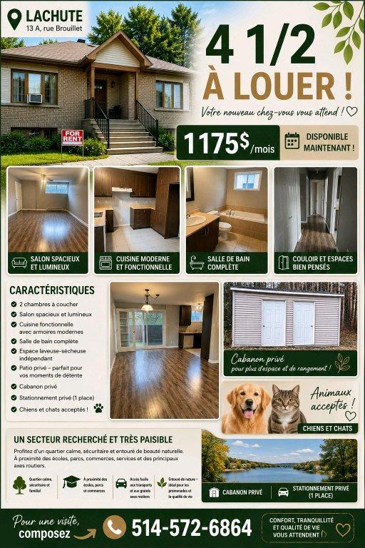 Magnifique 4 ½ à louer à Lachute Secteur paisible 1 175 $/mois Animaux acceptés | 3314619