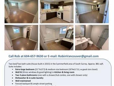 2 Bedroom + 2 Bathroom Basement Suite for Rent in South Surrey