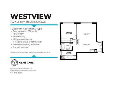 Spacious & Bright 1 bedroom in Great Location! | 1474 Coldrey Avenue, Ottawa