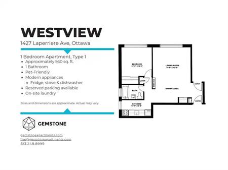 Spacious & Bright 1 bedroom in Great Location! | 1474 Coldrey Avenue, Ottawa