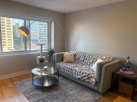 Cession bail – Très grand 3½ SEMI-MEUBLÉ ultra lumineux – Drummond – Métro McGill/Peel – Chauffage/Eau chaude – Animaux OK