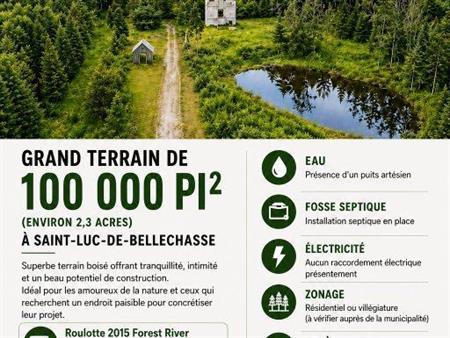 Grand terrain boisé de 100 000 pi² à vendre + Roulotte 2015 Forest River Surveyor 33 pieds – Saint-Luc-de-Bellechasse – 115 0